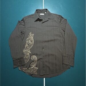 7 Diamonds Button Up Shirt Men XL Brown Striped Y2K Affliction Style Punk Grunge